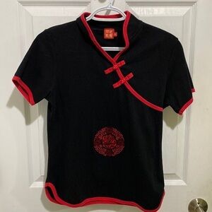 Vintage Y2K Asian Style Baby Tee Red and Black Knotted Buttons Size Small